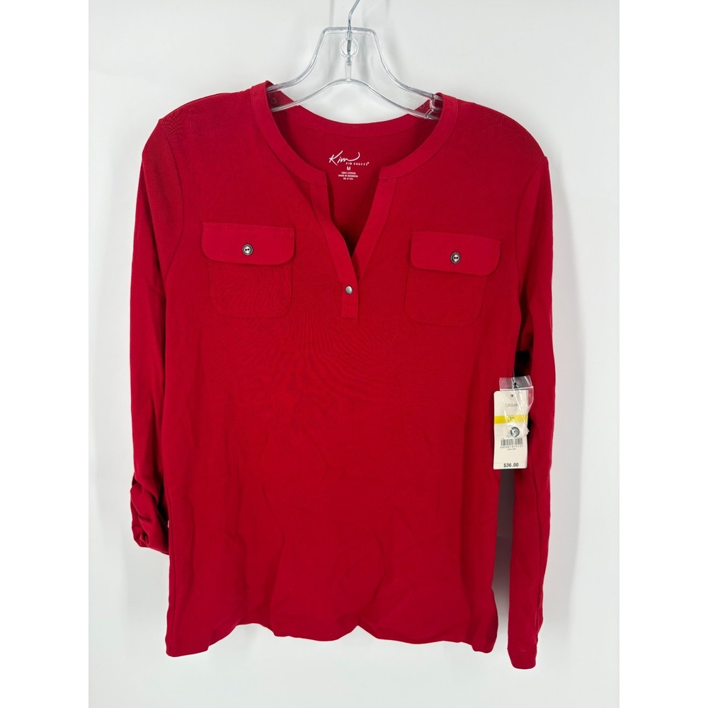 Kim Rogers NWT Red Henley Shirt‎ Size M Long Sleeve 100% Cotton